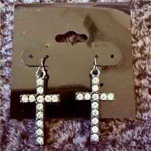 Vintage Style Rhinestone Cross Earrings Silver Black Tone NOS Gift Religious